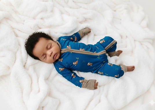 Newborn baby in a blue onesie with sloth prints lying on a white fluffy blanket.
