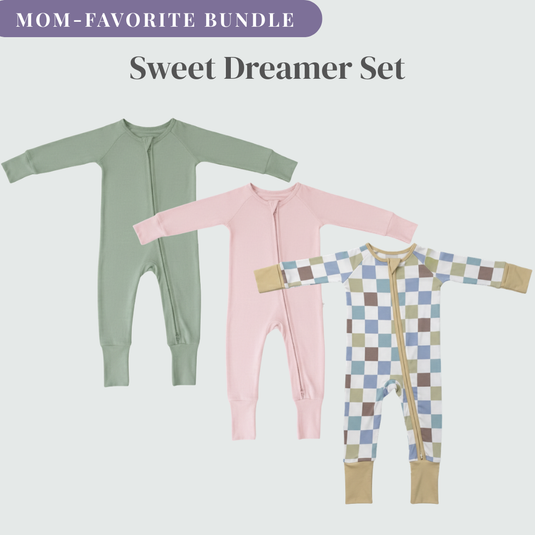 Three bamboo baby sleepers in green, pink, and checkered pattern on a light gray background.