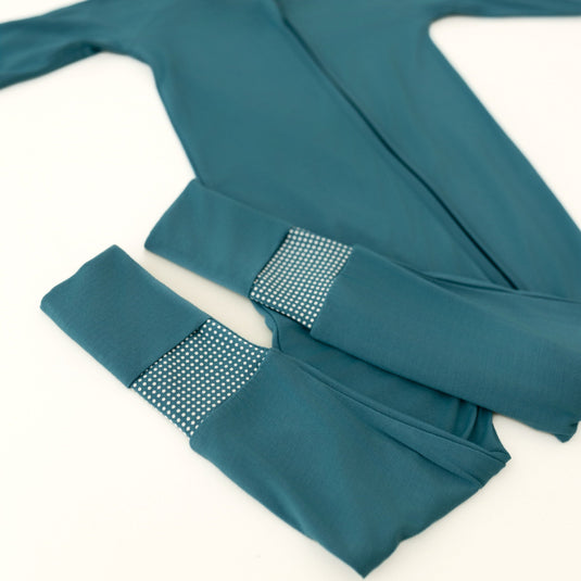 Close-up of Blue Charcoal bamboo baby sleeper – highlighting the ultra-soft stretch and breathability. These baby sleepers are a practical and stylish choice in bamboo baby clothes for everyday wear.