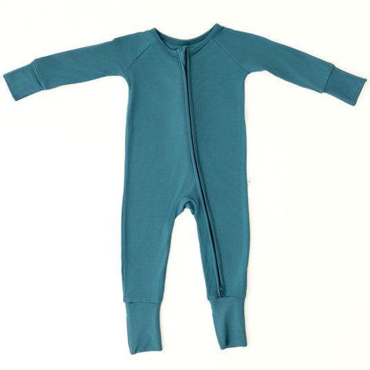 Flat lay of Blue Charcoal bamboo baby sleeper – showcasing the rich blue color and premium texture of ultra-soft bamboo baby clothes. These baby sleepers make a sleek and timeless baby shower gift.