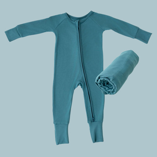Blue Charcoal | Everyday Essentials Bundle in Blue Charcoal, features silky-soft bamboo baby pajamas and matching swaddle blankets. A gender-neutral favorite in bamboo baby clothes and elegant baby shower gifts.