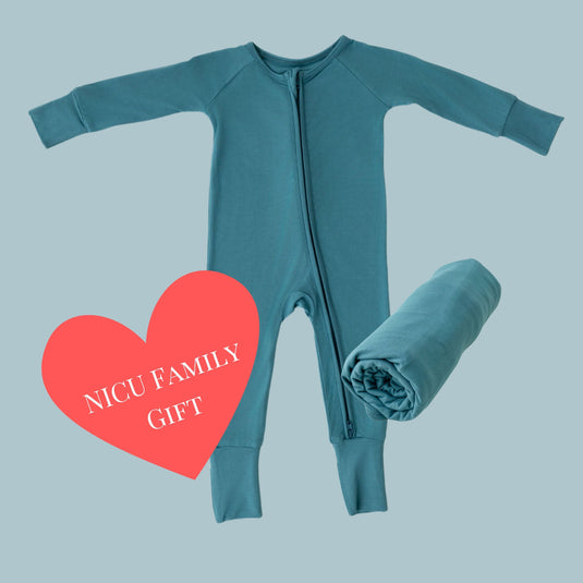 Thoughtful Giver Set in Blue Charcoal, features a silky-soft bamboo sleeper, matching swaddle blanket, and a baby onesie donated to a NICU family. A gender-neutral favorite in bamboo baby clothes and compassionate baby shower gifts.