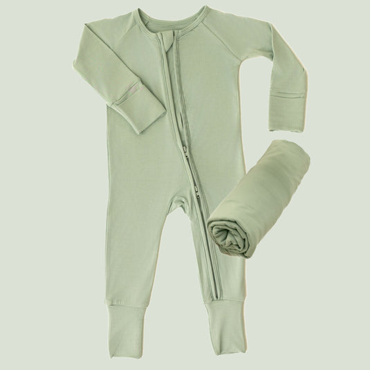 Frosted Sage | Everyday Essentials Bundle in Frosted Sage, features a cozy bamboo baby pajamas and matching swaddle blanket. A must-have in bamboo baby clothes and beautiful baby shower gifts.