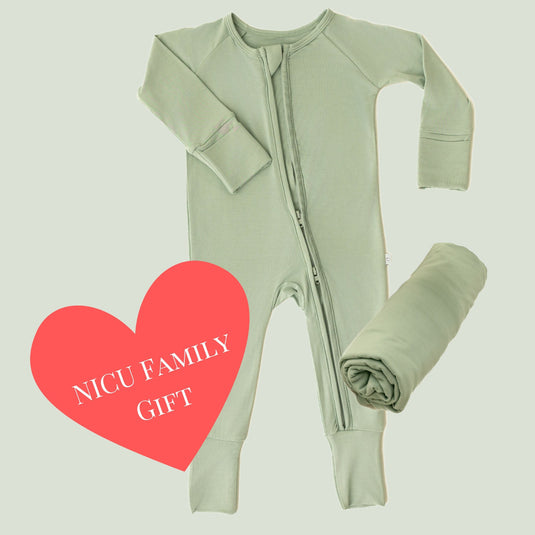 Thoughtful Giver Set in Frosted Sage, features a cozy bamboo sleeper, matching swaddle blanket, and a baby onesie donated to a NICU family. A must-have in bamboo baby clothes and for heartfelt baby shower gifts.