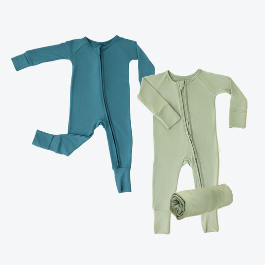 Luxury Baby Shower Gift Set in Frosted Sage and Blue Charcoal, featuring two ultra-soft bamboo sleepers and one of our matching swaddle blankets. A gender-neutral favorite in bamboo baby clothes and perfect for baby shower gifts.
