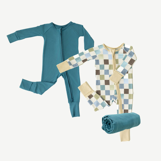 Luxury Baby Shower Gift Set in Luxe Checker and Blue Charcoal, featuring two ultra-soft bamboo sleepers and one of our matching swaddle blankets. A premium choice in bamboo baby clothes and for elegant baby shower gifts.