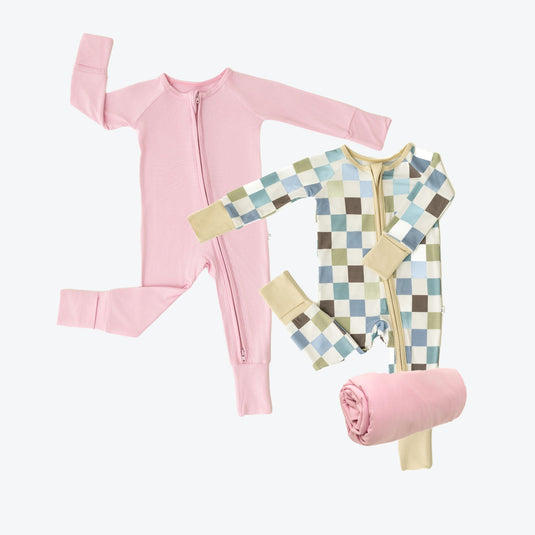 Luxury Baby Shower Gift Set in Luxe Checker and Petal Glow, featuring two ultra-soft bamboo sleepers and one of our matching swaddle blankets. A stylish choice in bamboo baby clothes and for perfect baby shower gifts.