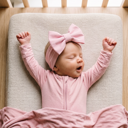 Petal Glow | Newborn baby sleeping in Petal Glow bamboo bow headband and bamboo pajamas. A favorite to complement our bamboo baby clothes and a thoughtful baby shower gift.