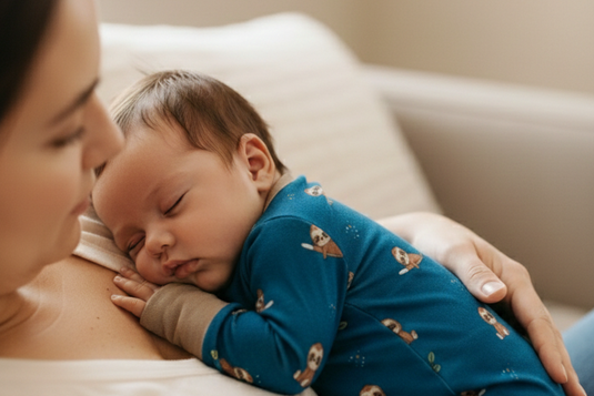 Woman holding a sleeping baby in a blue onesie with sloth patterns on a couch.