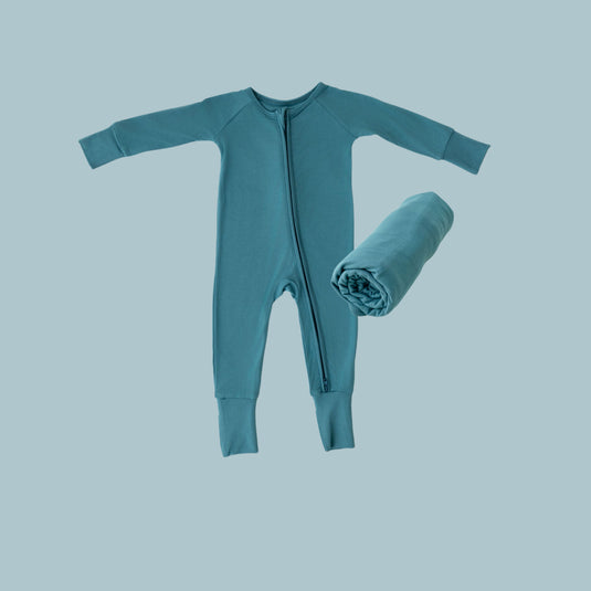 Blue Charcoal | Everyday Essentials Bundle in Blue Charcoal, features silky-soft bamboo baby pajamas and matching swaddle blankets. A gender-neutral favorite in bamboo baby clothes and elegant baby shower gifts.