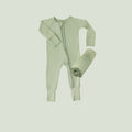 Everyday Essentials Bundle in Frosted Sage, features a cozy bamboo baby pajamas and matching swaddle blankets. A must-have in bamboo baby clothes and beautiful baby shower gifts.