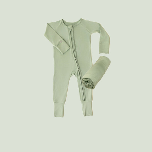 Frosted Sage | Everyday Essentials Bundle in Frosted Sage, features a cozy bamboo baby pajamas and matching swaddle blankets. A must-have in bamboo baby clothes and beautiful baby shower gifts.