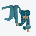 Luxury Baby Shower Gift Set in Sleepy Sloth and Blue Charcoal, featuring two ultra-soft bamboo baby pajamas and one of our matching swaddle blankets. A cozy and thoughtful baby shower gift in bamboo baby clothes.