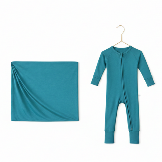 Blue Bamboo Sleeper and Stretchy Swaddle Blanket newborn bundlet set
