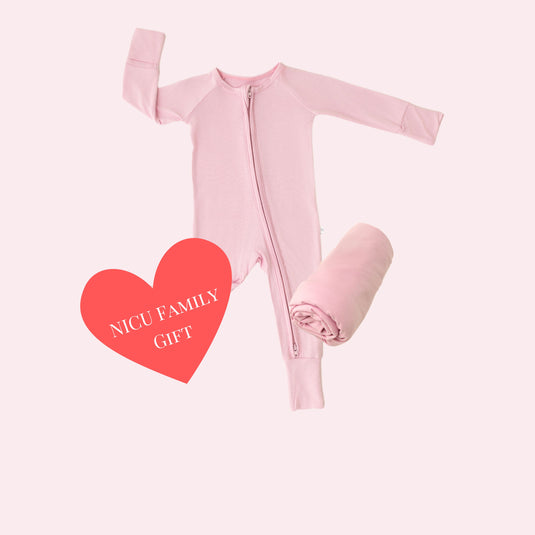 Petal Glow | Thoughtful Giver Set in Petal Glow, featuring ultra-soft bamboo baby pajamas, stretchy swaddle blankets, and a baby onesies donated to a NICU family. A top choice in bamboo baby clothes and for meaningful baby shower gifts.